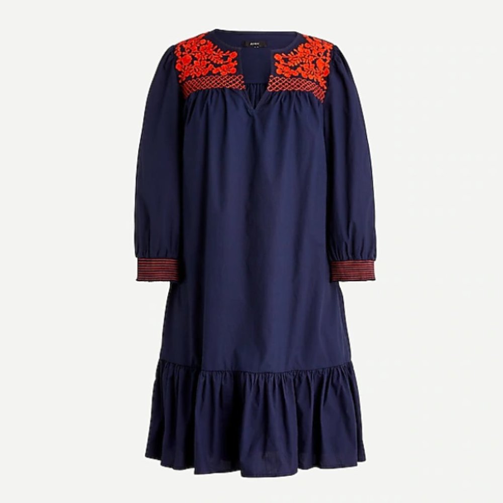 Embroidered Popover Dress with Ruffle Hem